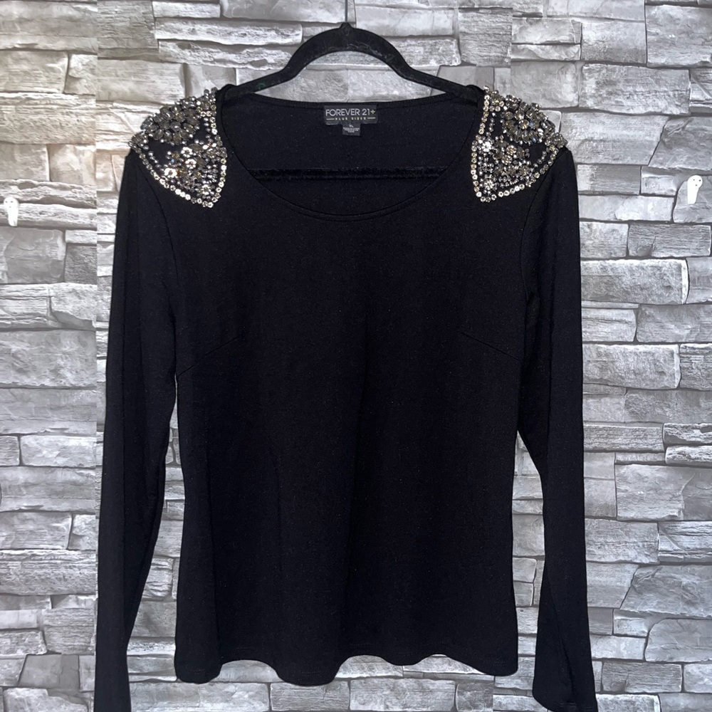 FOREVER 21+ Long Sleeved Black Top with Bedazzled Shoulders Plus size